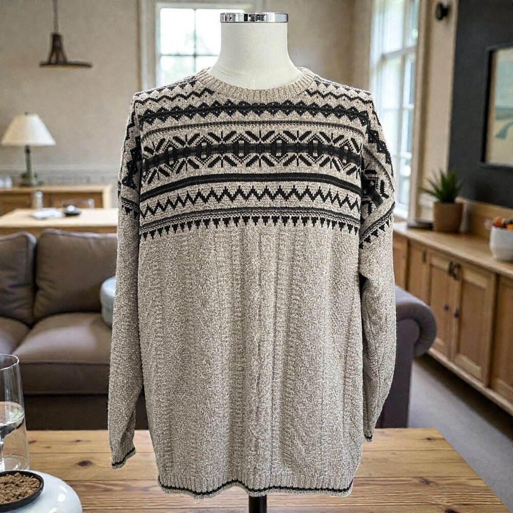 Bill Blass Mens Sweater XL Beige Black Fair Isle Knit‎ USA Vintage Grandpa Core